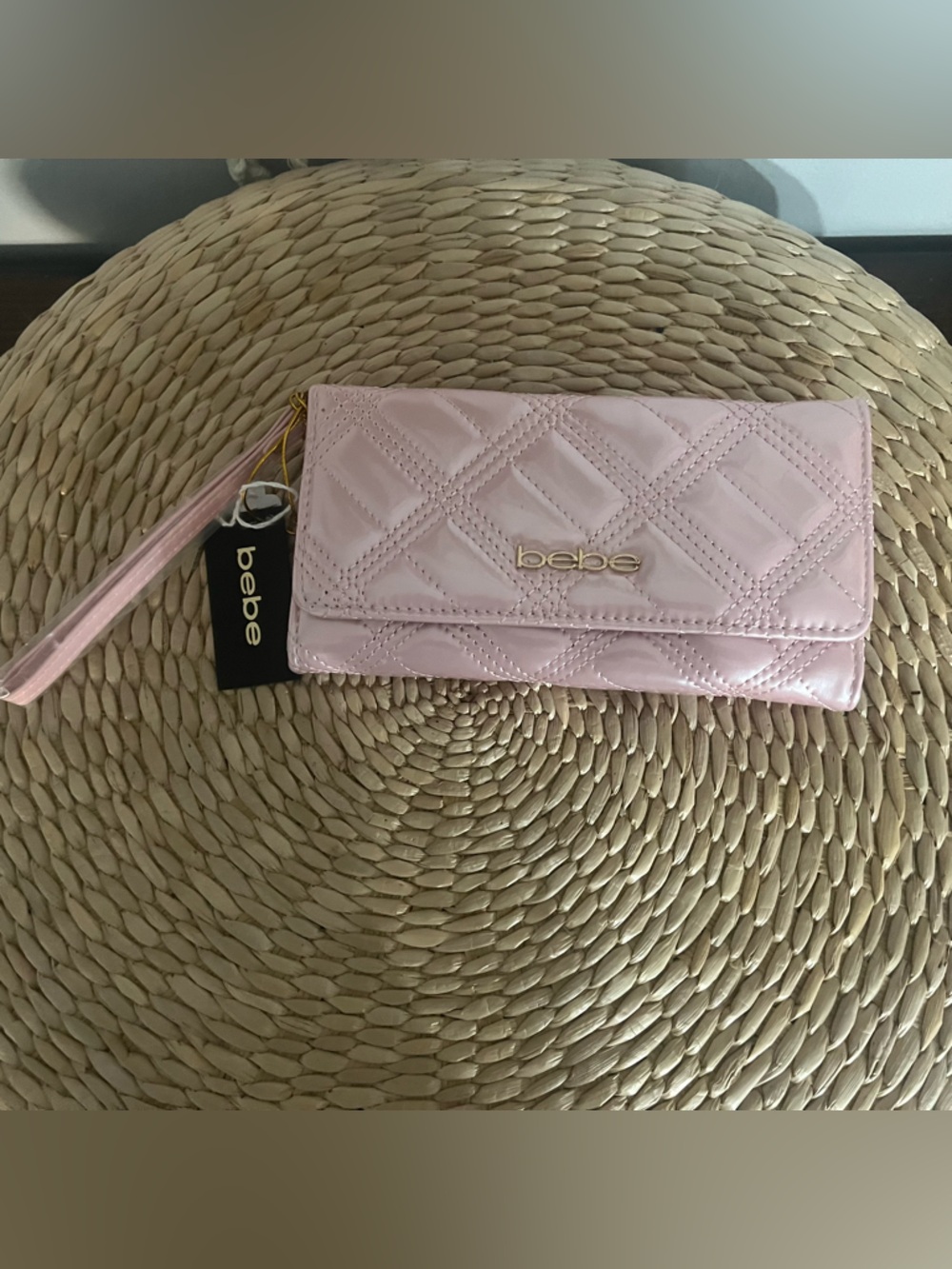 bebe Quilted Wristlet Clutch in Pale Pink with Gold Hardware